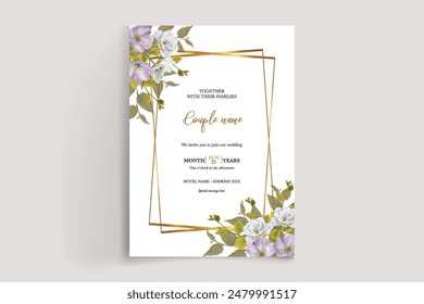 WEDDING INVITATION FRAME WITH FLOWER DECORATIONS AND FRESH LEAVES 