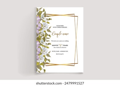 WEDDING INVITATION FRAME WITH FLOWER DECORATIONS AND FRESH LEAVES 
