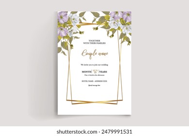 WEDDING INVITATION FRAME WITH FLOWER DECORATIONS AND FRESH LEAVES 