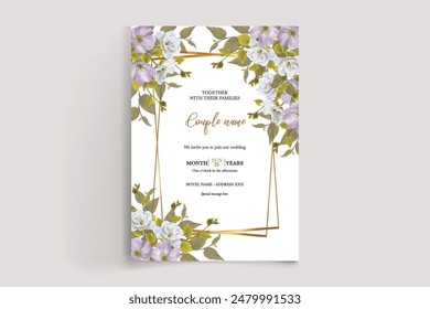 WEDDING INVITATION FRAME WITH FLOWER DECORATIONS AND FRESH LEAVES 