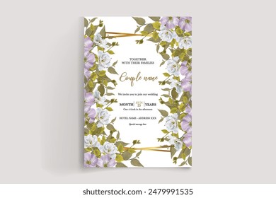 WEDDING INVITATION FRAME WITH FLOWER DECORATIONS AND FRESH LEAVES 
