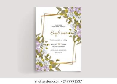 WEDDING INVITATION FRAME WITH FLOWER DECORATIONS AND FRESH LEAVES 