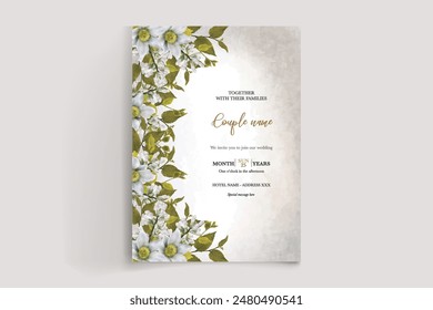 WEDDING INVITATION FRAME WITH FLOWER DECORATIONS AND FRESH LEAVES 