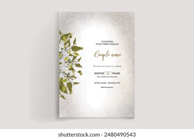 WEDDING INVITATION FRAME WITH FLOWER DECORATIONS AND FRESH LEAVES 