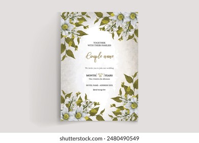 WEDDING INVITATION FRAME WITH FLOWER DECORATIONS AND FRESH LEAVES 