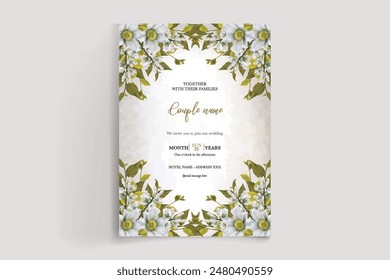 WEDDING INVITATION FRAME WITH FLOWER DECORATIONS AND FRESH LEAVES 