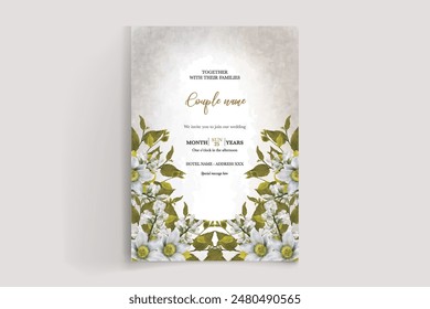 WEDDING INVITATION FRAME WITH FLOWER DECORATIONS AND FRESH LEAVES 