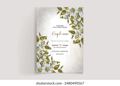 WEDDING INVITATION FRAME WITH FLOWER DECORATIONS AND FRESH LEAVES 