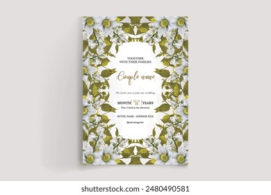 WEDDING INVITATION FRAME WITH FLOWER DECORATIONS AND FRESH LEAVES 