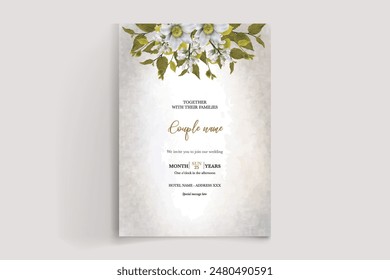 WEDDING INVITATION FRAME WITH FLOWER DECORATIONS AND FRESH LEAVES 