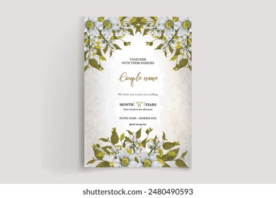 WEDDING INVITATION FRAME WITH FLOWER DECORATIONS AND FRESH LEAVES 