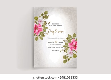 WEDDING INVITATION FRAME WITH FLOWER DECORATIONS AND FRESH LEAVES 