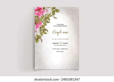 WEDDING INVITATION FRAME WITH FLOWER DECORATIONS AND FRESH LEAVES 