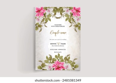 WEDDING INVITATION FRAME WITH FLOWER DECORATIONS AND FRESH LEAVES 