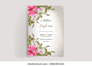 MARCO DE INVITACIÓN DE BODA CON DECORACIONES FLORALES Y HOJAS FRESCAS 