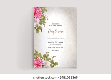 WEDDING INVITATION FRAME WITH FLOWER DECORATIONS AND FRESH LEAVES 