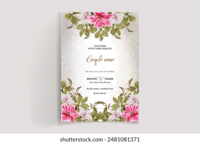 MARCO DE INVITACIÓN DE BODA CON DECORACIONES FLORALES Y HOJAS FRESCAS 