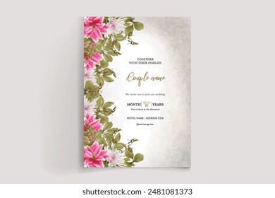 MARCO DE INVITACIÓN DE BODA CON DECORACIONES FLORALES Y HOJAS FRESCAS 