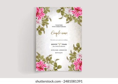 MARCO DE INVITACIÓN DE BODA CON DECORACIONES FLORALES Y HOJAS FRESCAS 