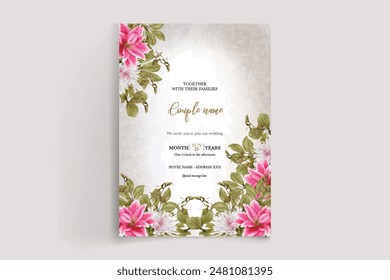 WEDDING INVITATION FRAME WITH FLOWER DECORATIONS AND FRESH LEAVES 