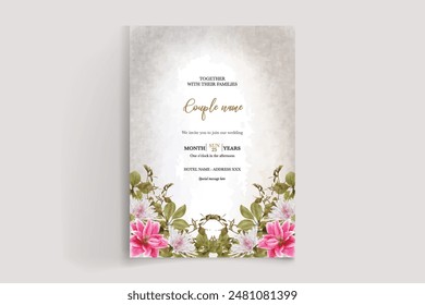 WEDDING INVITATION FRAME WITH FLOWER DECORATIONS AND FRESH LEAVES 