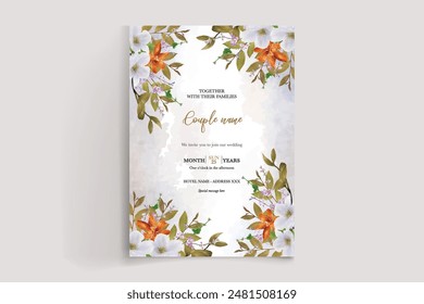 WEDDING INVITATION FRAME WITH FLOWER DECORATIONS AND FRESH LEAVES 