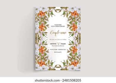 WEDDING INVITATION FRAME WITH FLOWER DECORATIONS AND FRESH LEAVES 