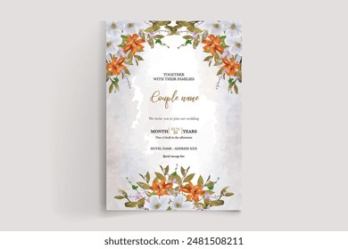 WEDDING INVITATION FRAME WITH FLOWER DECORATIONS AND FRESH LEAVES 
