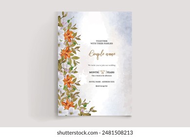WEDDING INVITATION FRAME WITH FLOWER DECORATIONS AND FRESH LEAVES 
