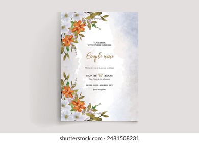 WEDDING INVITATION FRAME WITH FLOWER DECORATIONS AND FRESH LEAVES 