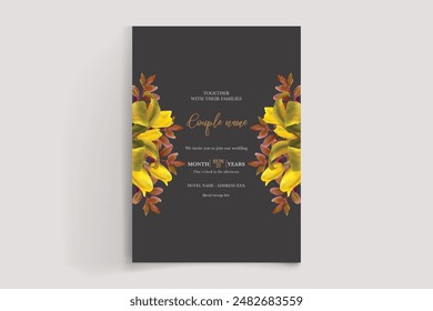 WEDDING INVITATION FRAME WITH FLOWER DECORATIONS AND FRESH LEAVES 