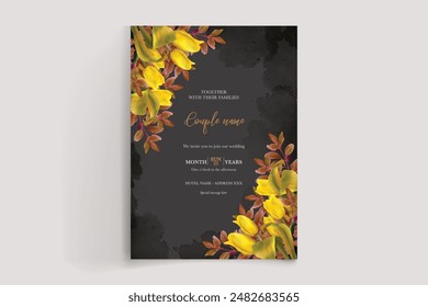 WEDDING INVITATION FRAME WITH FLOWER DECORATIONS AND FRESH LEAVES 