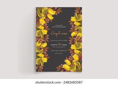 WEDDING INVITATION FRAME WITH FLOWER DECORATIONS AND FRESH LEAVES 