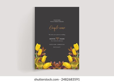 WEDDING INVITATION FRAME WITH FLOWER DECORATIONS AND FRESH LEAVES 