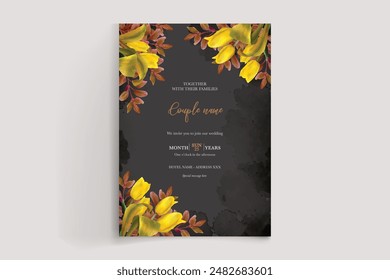 WEDDING INVITATION FRAME WITH FLOWER DECORATIONS AND FRESH LEAVES 