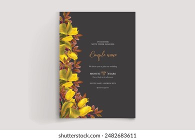 WEDDING INVITATION FRAME WITH FLOWER DECORATIONS AND FRESH LEAVES 
