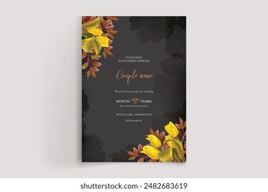 WEDDING INVITATION FRAME WITH FLOWER DECORATIONS AND FRESH LEAVES 
