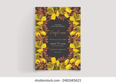 WEDDING INVITATION FRAME WITH FLOWER DECORATIONS AND FRESH LEAVES 
