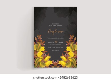 MARCO DE INVITACIÓN DE BODA CON DECORACIONES FLORALES Y HOJAS FRESCAS 