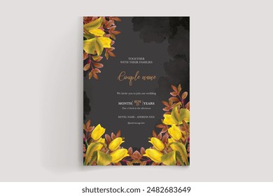 MARCO DE INVITACIÓN DE BODA CON DECORACIONES FLORALES Y HOJAS FRESCAS 