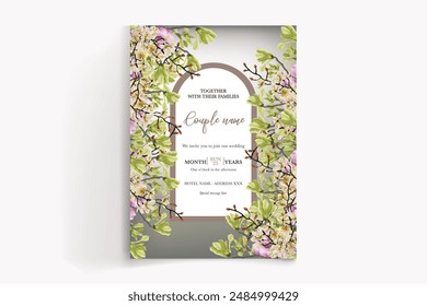WEDDING INVITATION FRAME WITH FLOWER DECORATIONS WITH FRESH LEAVES
