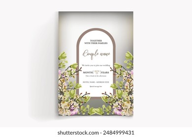 WEDDING INVITATION FRAME WITH FLOWER DECORATIONS WITH FRESH LEAVES