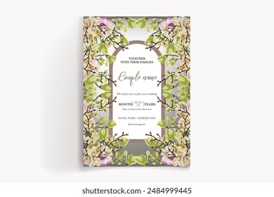 WEDDING INVITATION FRAME WITH FLOWER DECORATIONS WITH FRESH LEAVES