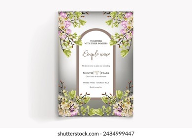 WEDDING INVITATION FRAME WITH FLOWER DECORATIONS WITH FRESH LEAVES