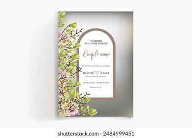 MARCO DE INVITACIÓN DE BODA CON DECORACIONES FLORALES CON HOJAS FRESCAS