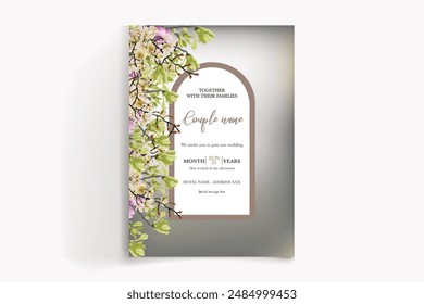 WEDDING INVITATION FRAME WITH FLOWER DECORATIONS WITH FRESH LEAVES