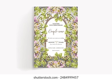 WEDDING INVITATION FRAME WITH FLOWER DECORATIONS WITH FRESH LEAVES