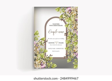 WEDDING INVITATION FRAME WITH FLOWER DECORATIONS WITH FRESH LEAVES