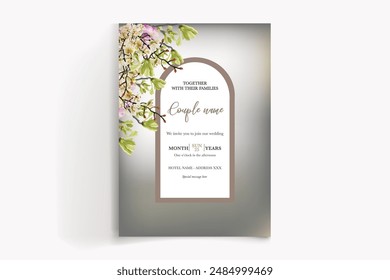 WEDDING INVITATION FRAME WITH FLOWER DECORATIONS WITH FRESH LEAVES
