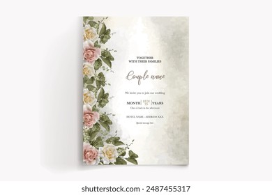 WEDDING INVITATION FRAME WITH FLOWER DECORATIONS AND FRESH LEAVES